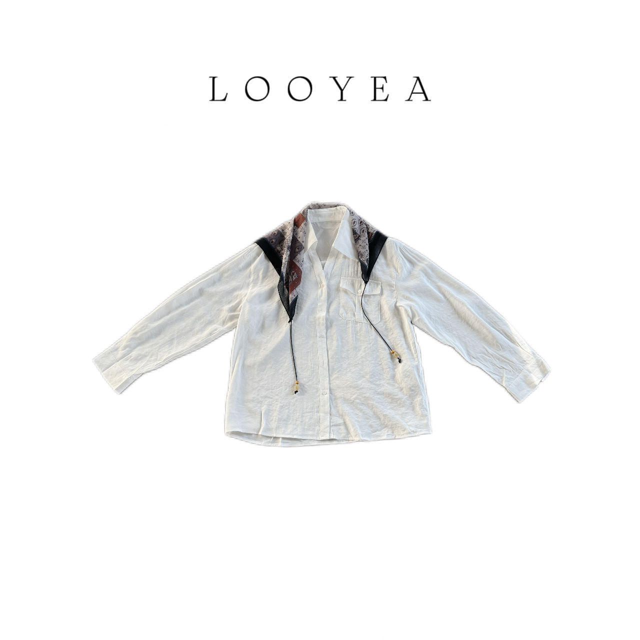 【披巾衫】LOOYEA 简约百搭带丝巾长袖衬衣 1397