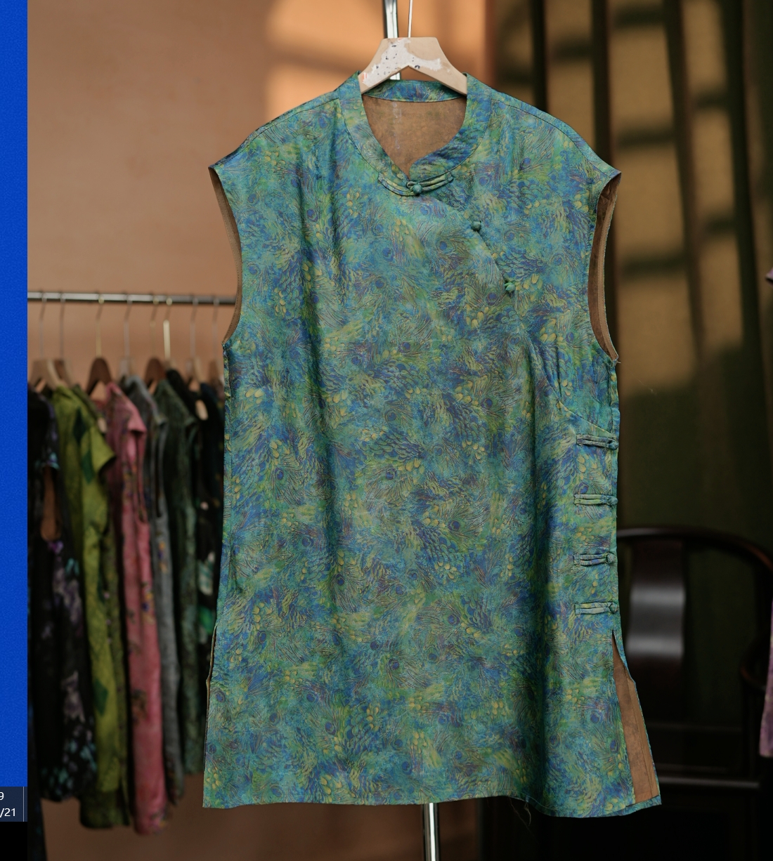 {蓝羽}新中式女士飞袖奥黛上衣夏季显瘦宽松圆领气质国风