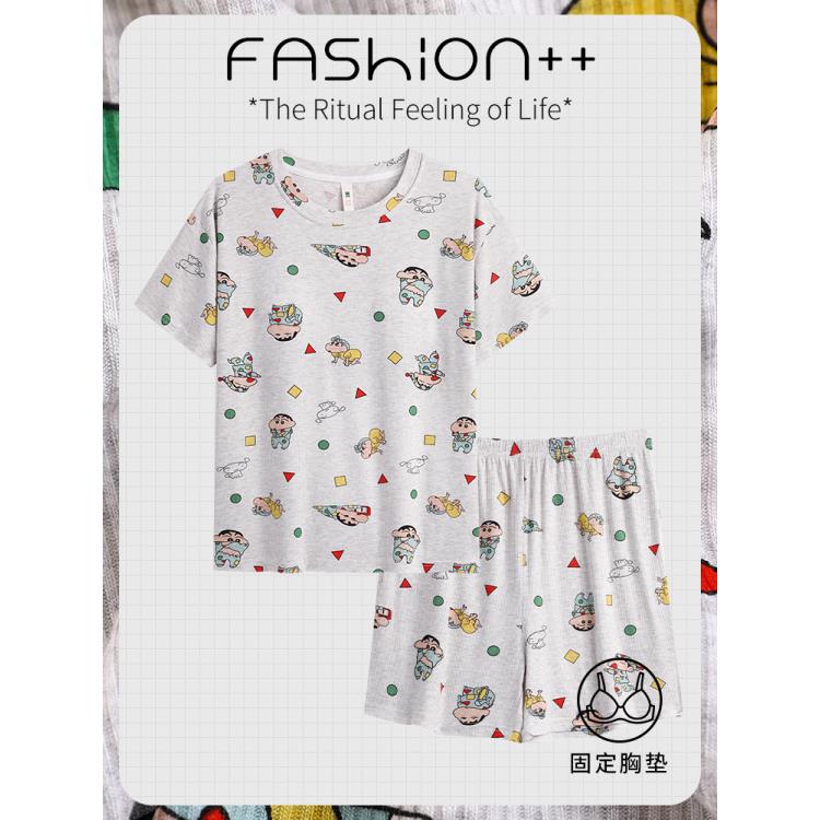 【带胸垫】夏季新款莫代尔女士短袖短裤睡衣蜡笔小新白色家居服套装