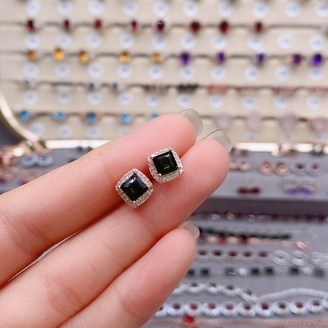 碧玺耳钉银S925镶嵌耳钉