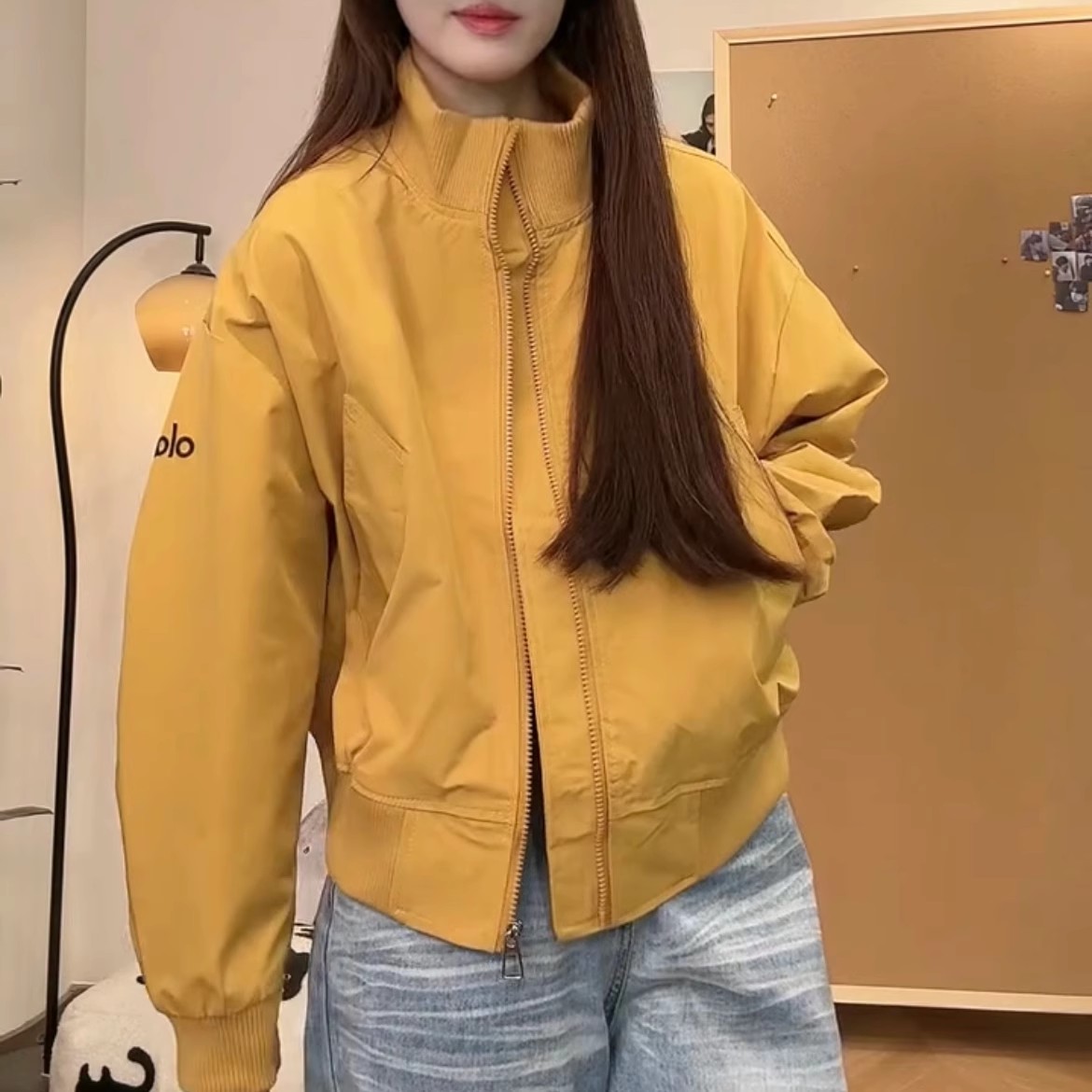 现货韩版复古黄色高级感立领棒球服外套2025秋季新款宽松百搭夹克