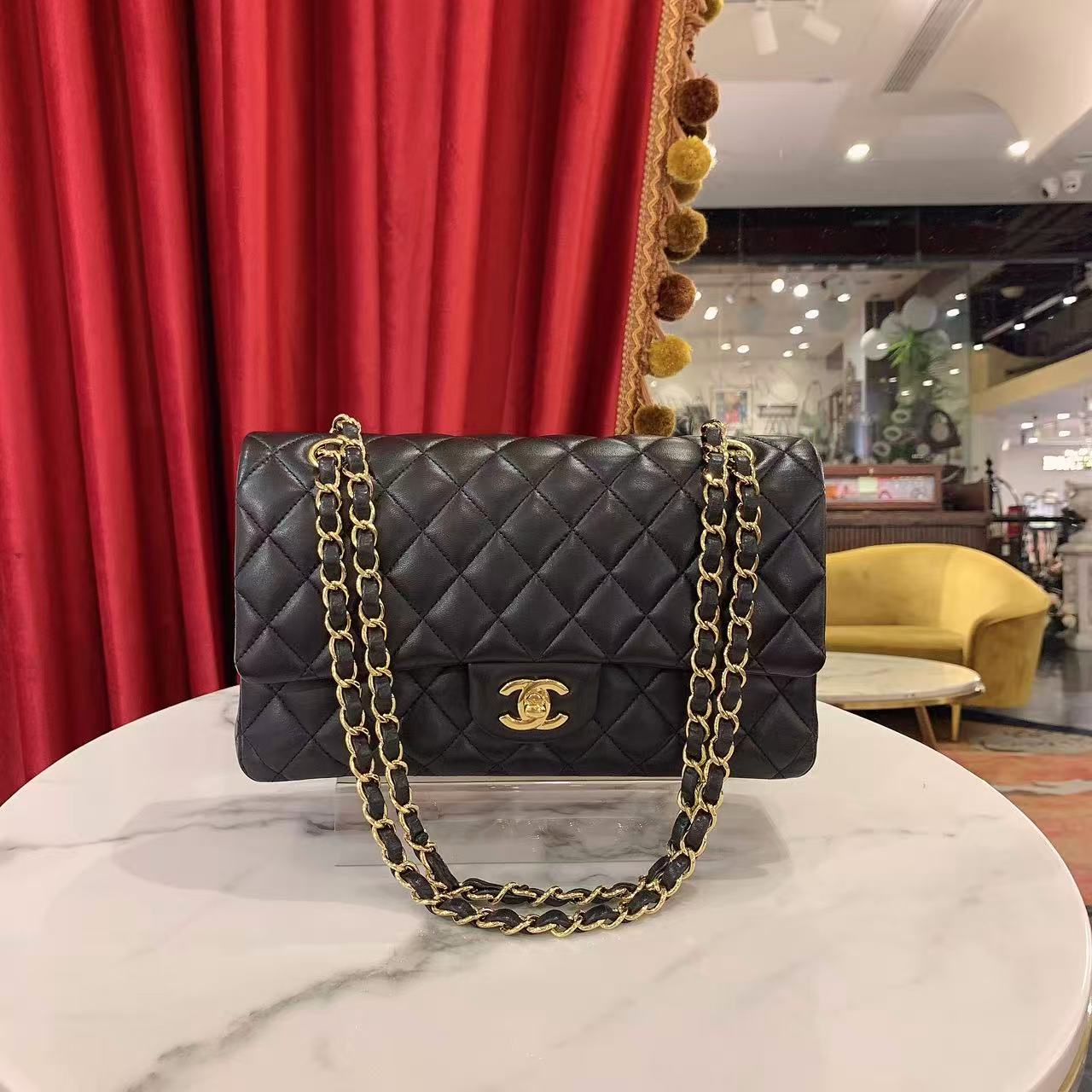 95新 Chanel/香奈儿 GGS香奈儿cf中号黑金羊皮单肩包/36348227