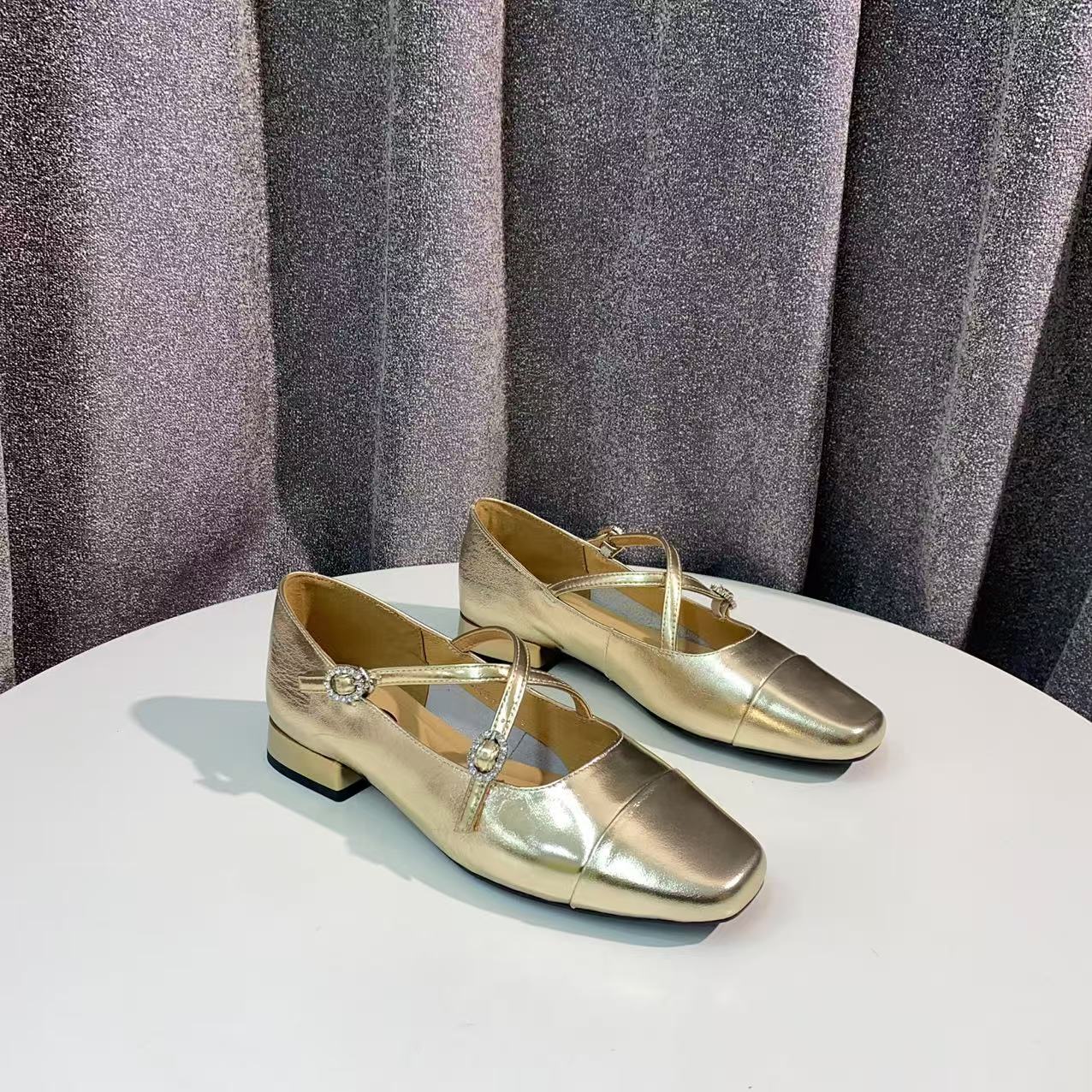 C1481 金色 舒适方头低跟气质玛丽珍女浅口单鞋