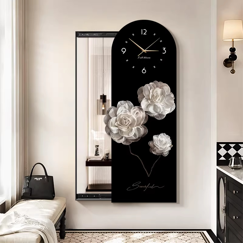 法式简约山茶花可遮挡可关闭隐藏推拉暗藏式全身镜隐形穿衣镜壁画