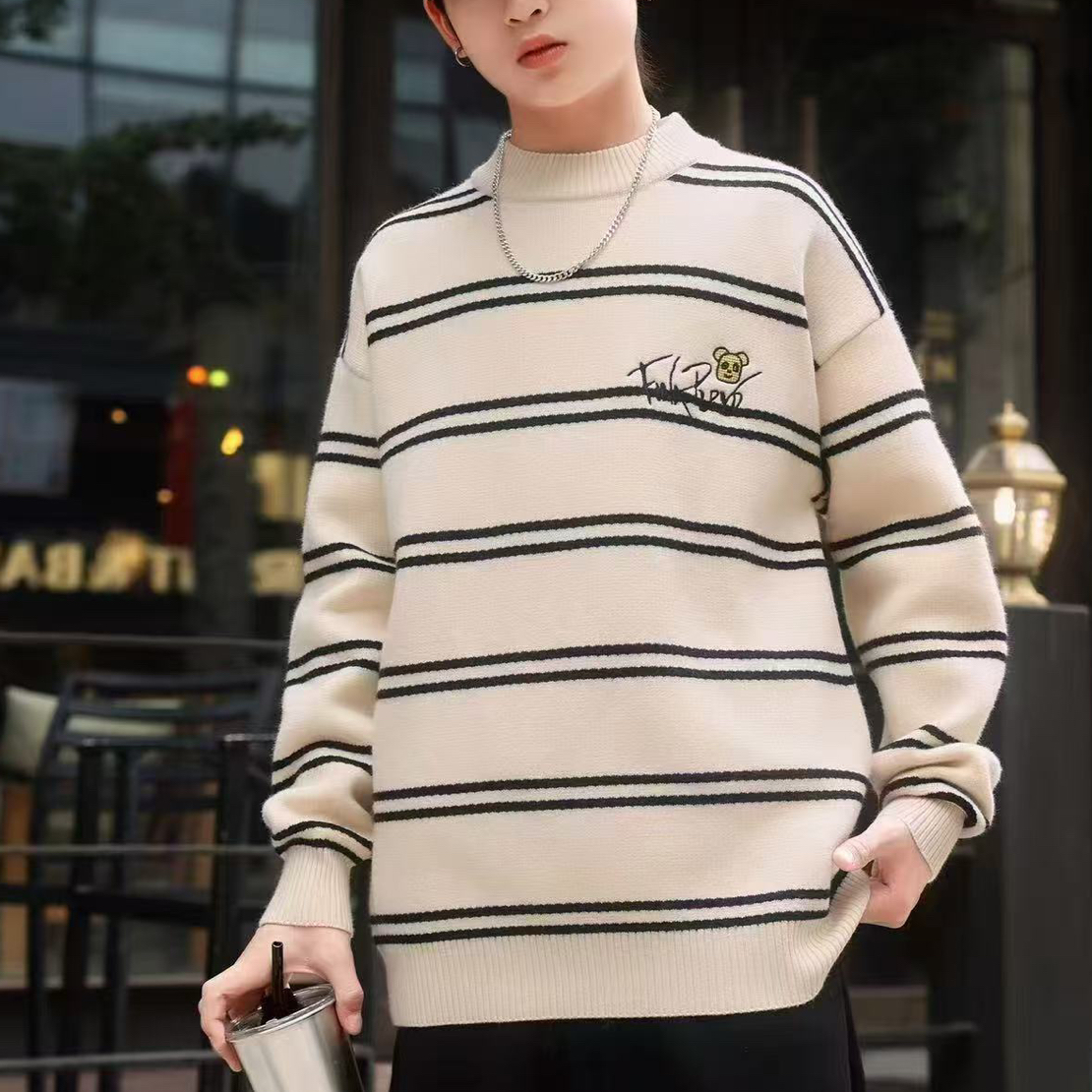 F7中米色儿童加绒秋冬冬季韩版加厚半高领条纹打底时尚毛衣有微染