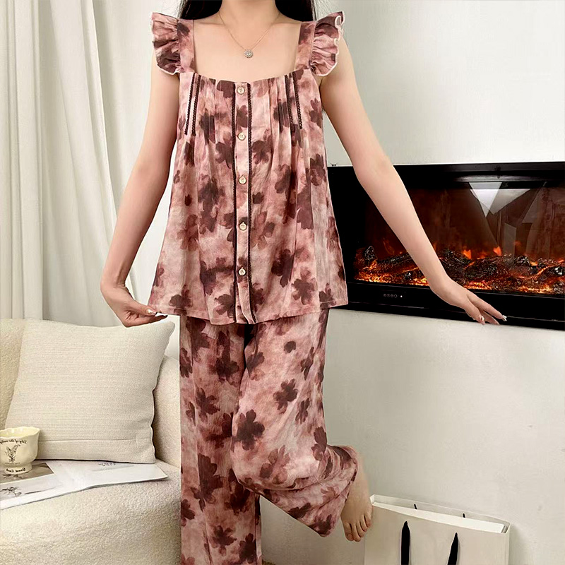 夏季爆款无袖水墨风扎染印花吊带睡衣时尚复古花色家居吊带三件套