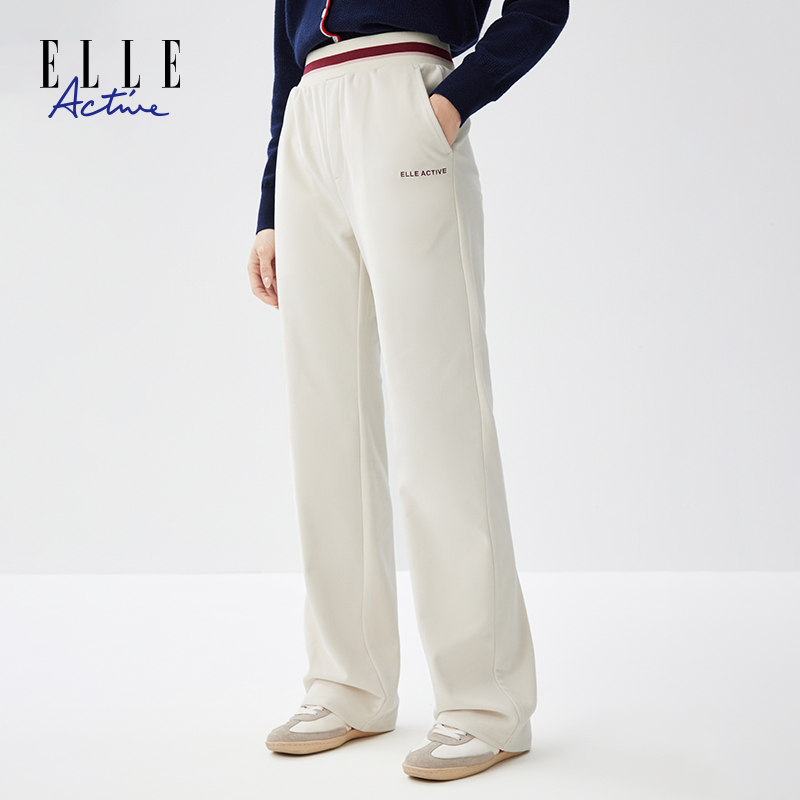ELLE Active休闲运动直筒裤女撞色腰头特色长裤斜纹垂感高腰裤子