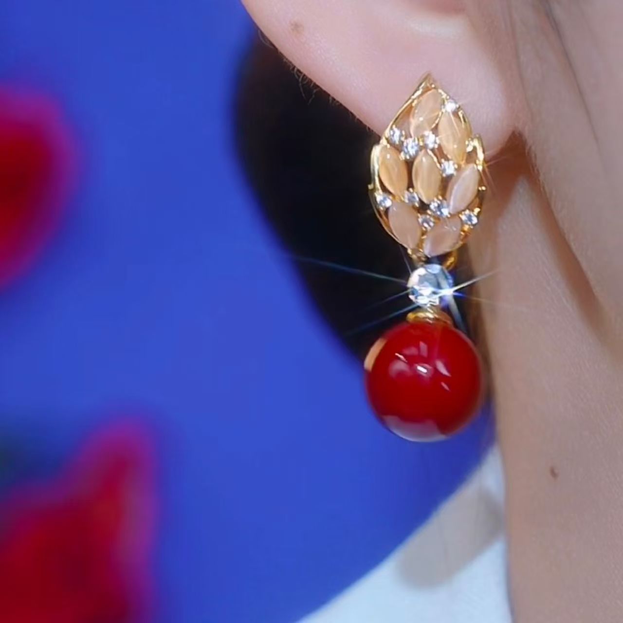铜合金仿珍珠耳饰 珍珠耳饰叶子猫眼红色新款气质百搭镶嵌耳坠