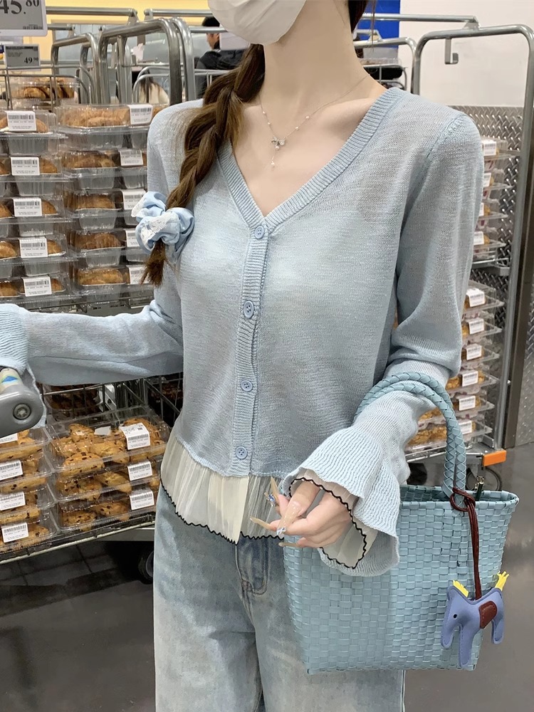 韩版宽松百搭v领针织衫女2025春夏设计感撞色拼接喇叭袖防晒I2-15