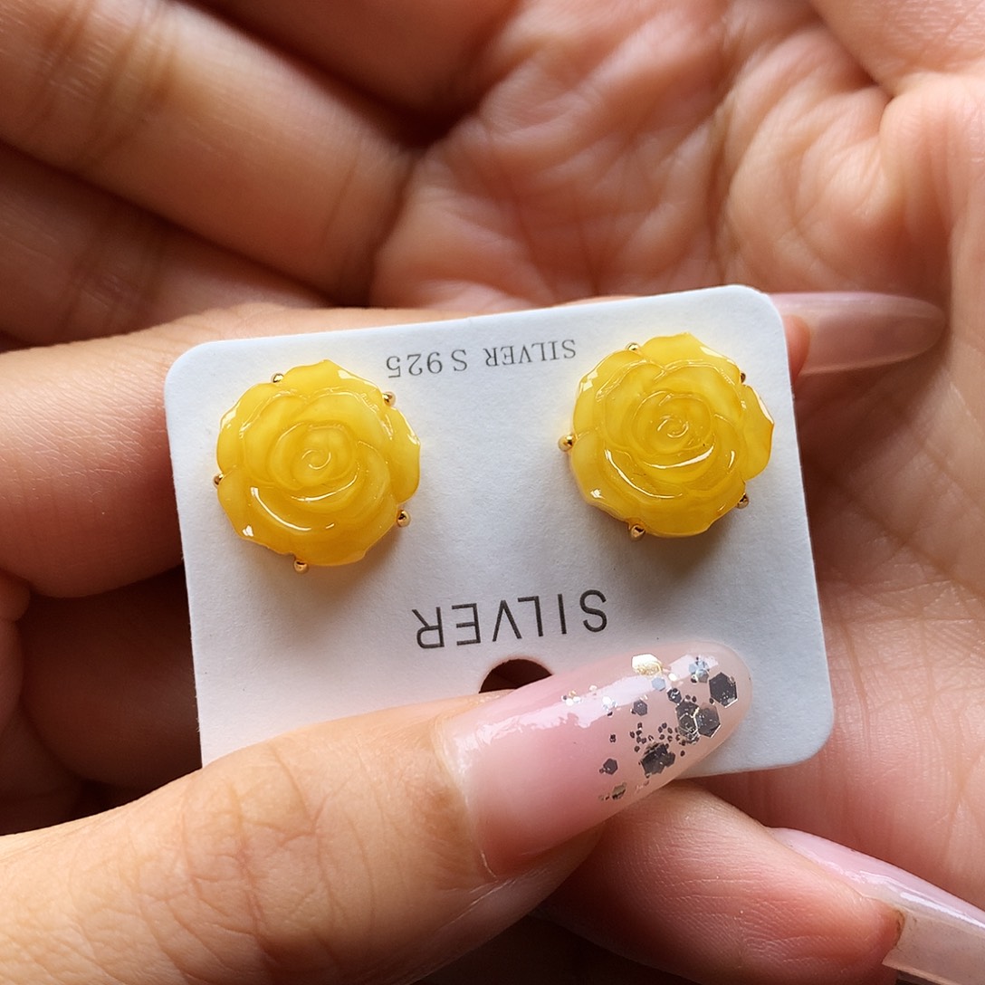 蜜蜡银S925镶嵌耳饰耳钉