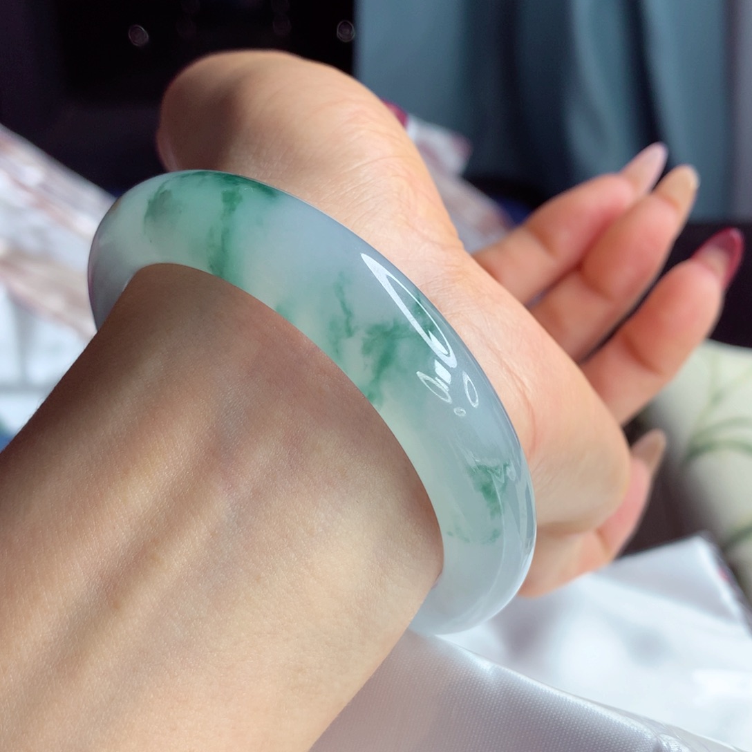翡翠手镯未镶嵌55.6冰胶蓝花 意境美感 小柒