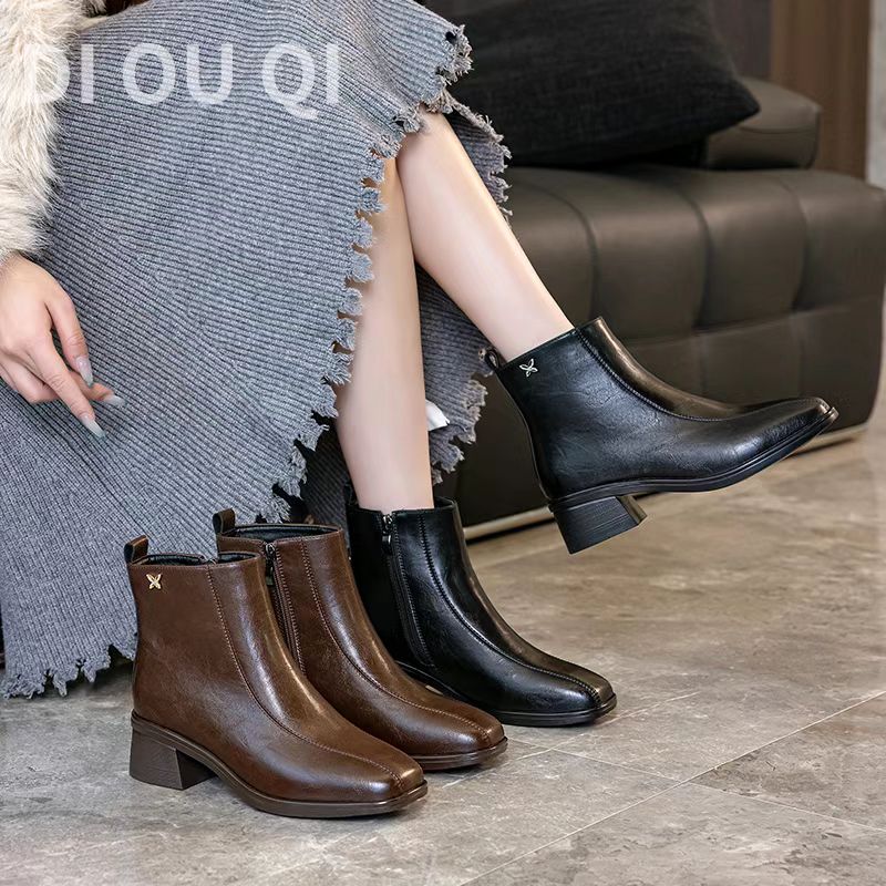 【源头厂家】切尔西短靴女2025新款冬季厚底靴子高跟加绒马丁靴皮靴