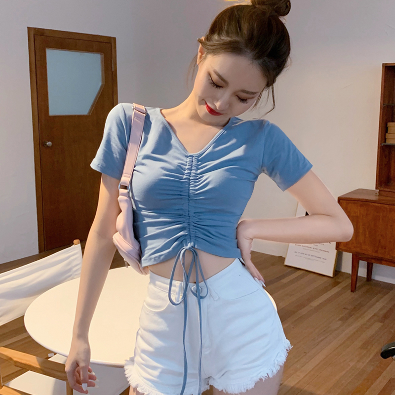 抽绳T恤女V领高腰短袖纯棉性感小心机上衣短款紧身露脐半袖TS0102