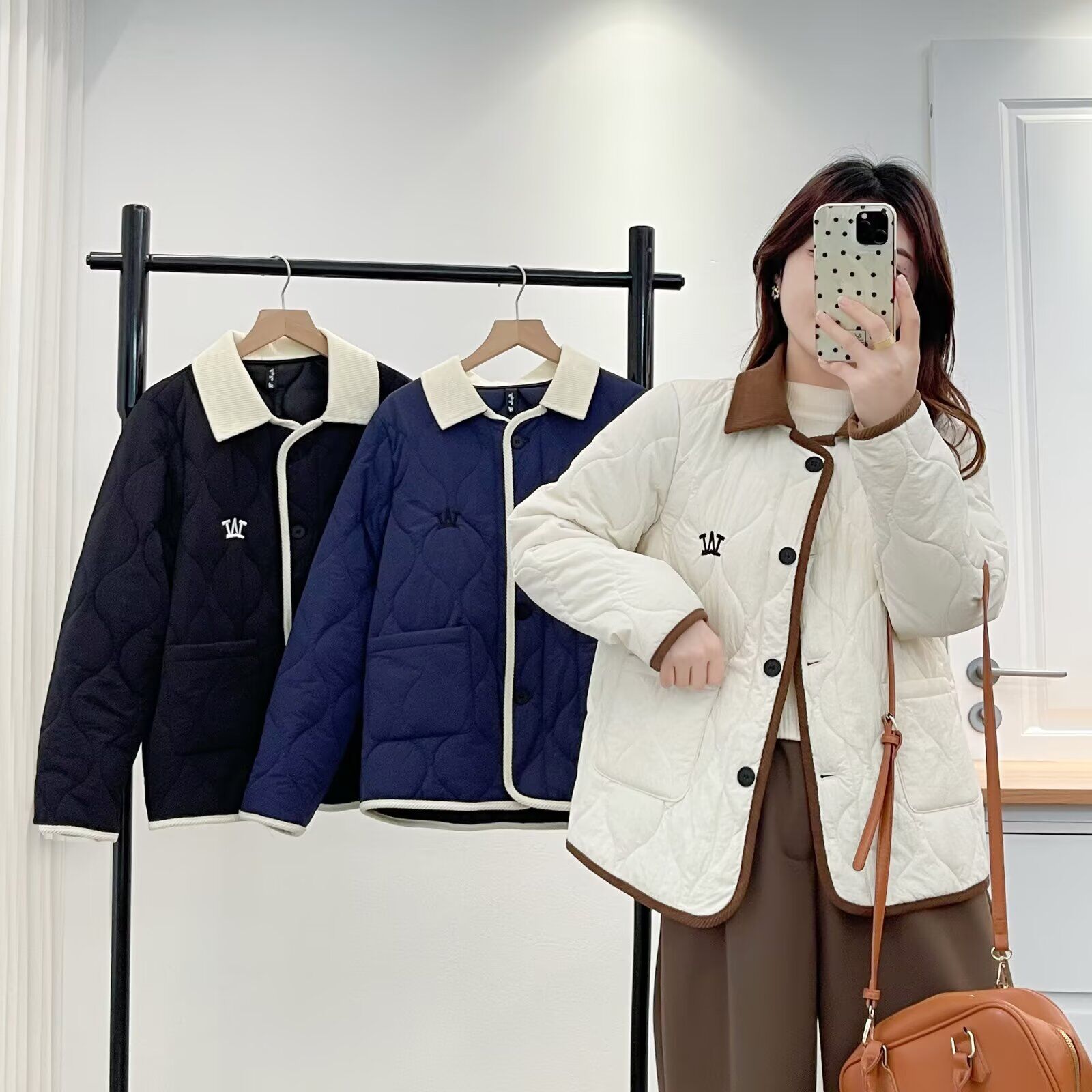 大码棉服保暖宽松刺绣拼接棉衣长袖休闲秋冬小香风时尚上衣女5147