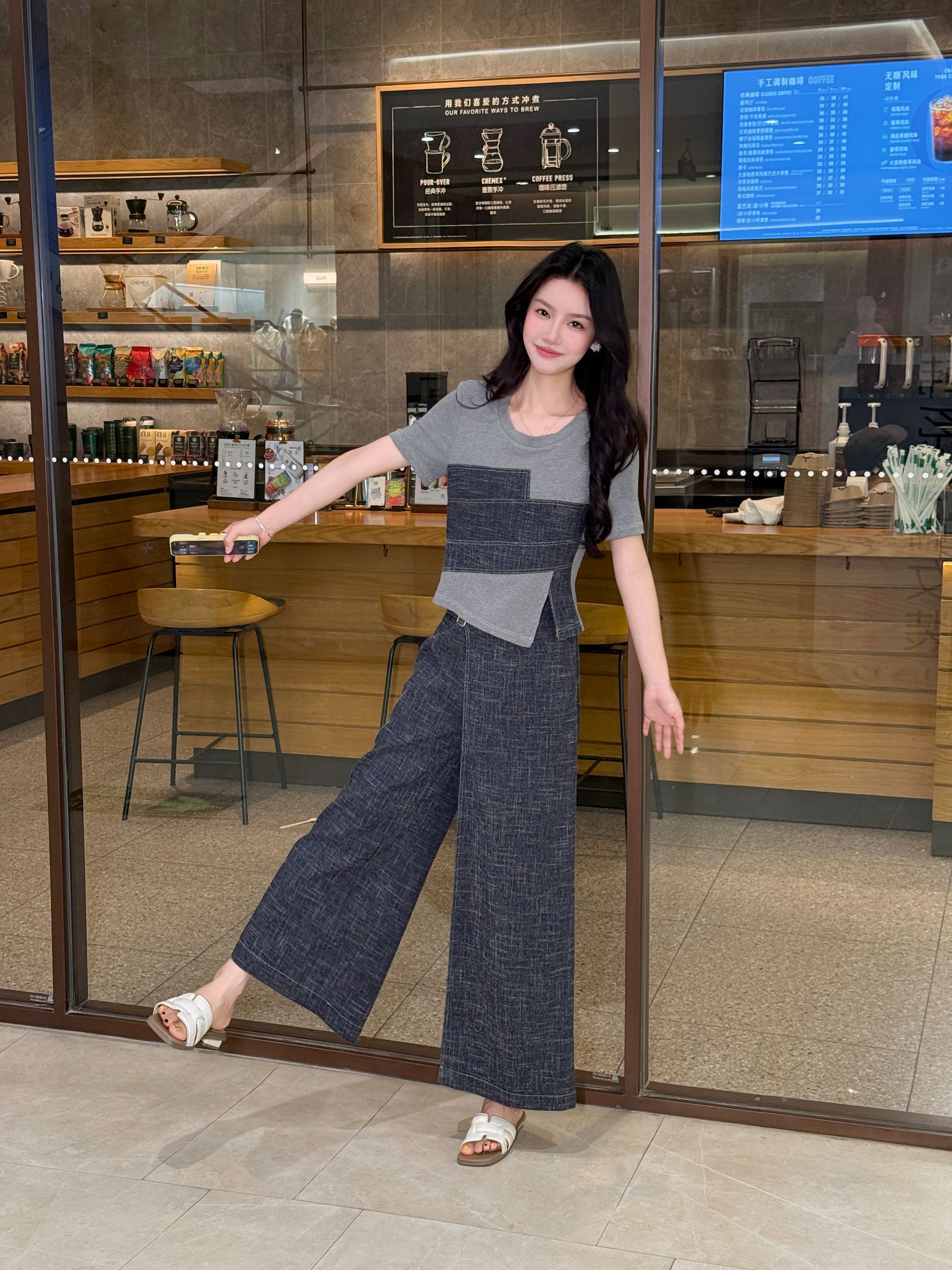 【两件套】蔡小姐2025新款美式牛仔拼接老钱风阔腿裤休闲时尚