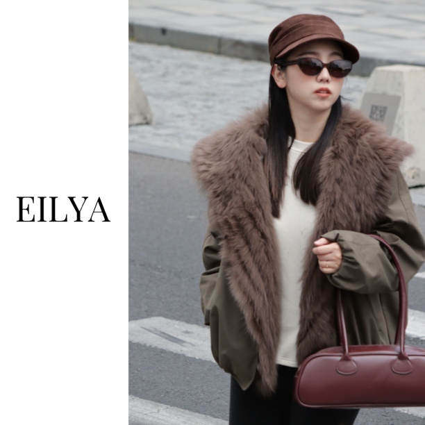 EILYA超重工冬季时尚保暖可拆卸大毛领真毛狐狸毛鹅绒派克服外套