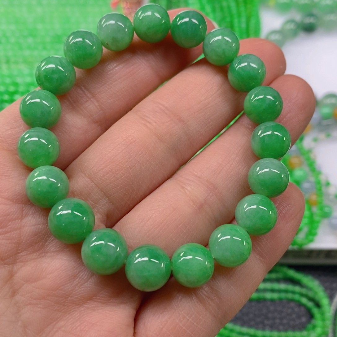 翡翠颈饰未镶嵌缅甸天然翡翠阳绿圆珠塔手链9.6，10.2