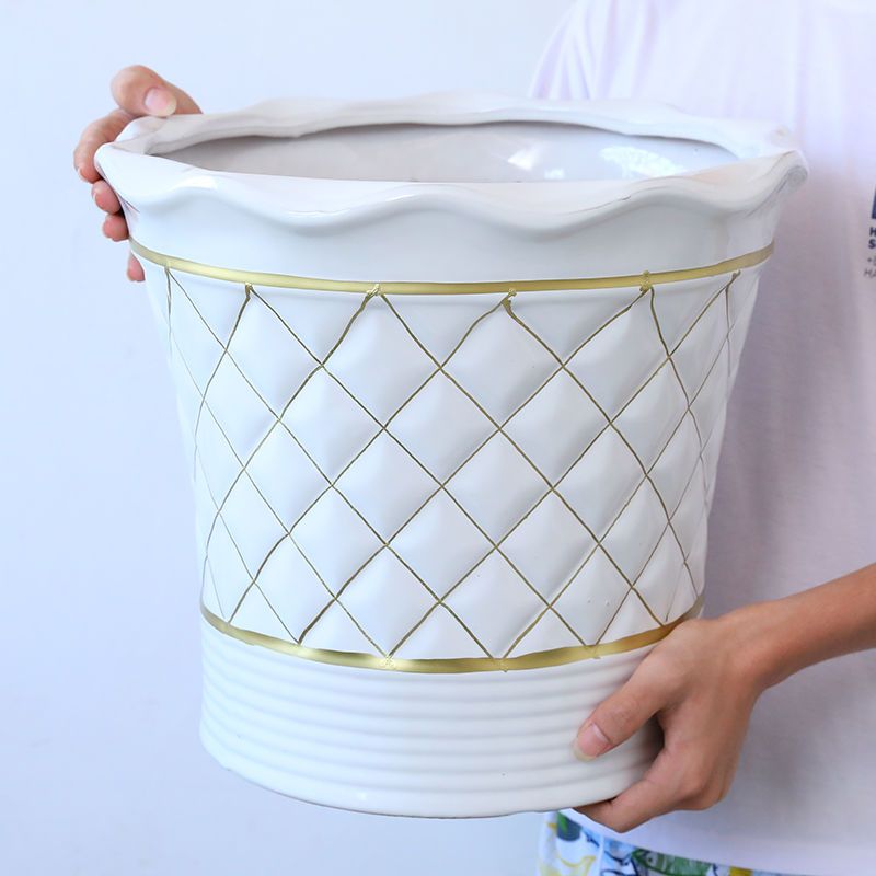 陶瓷花盆大口径简约白色金线纹格桌面阳台发财树虎皮兰大绿植花盆