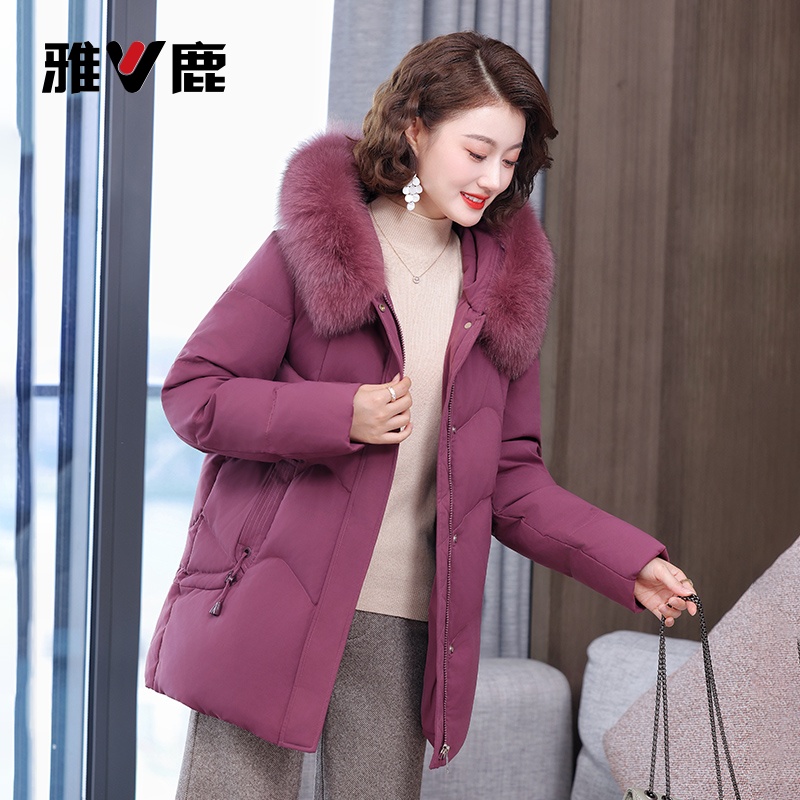 雅鹿羽绒服2025新款女中长款冬加厚鸭绒上衣毛领连帽保暖外套3062