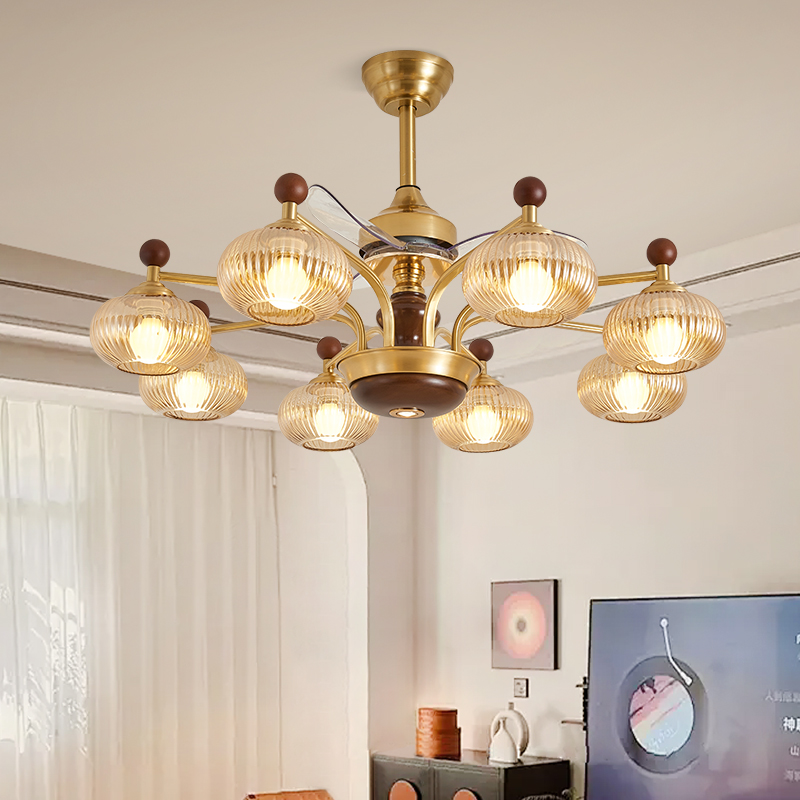 全铜法式中古客厅吊扇灯新款餐厅吊灯美式复古风书房主卧室灯具