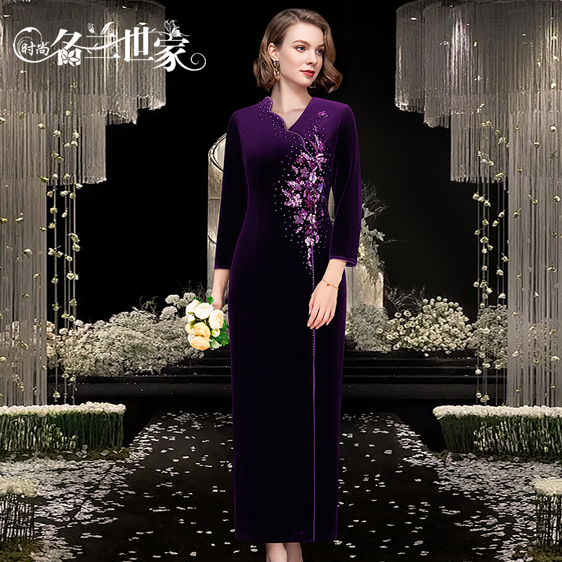 【花城】宴会礼服裙改良旗袍新中式丝绒连衣裙MLF01C9272