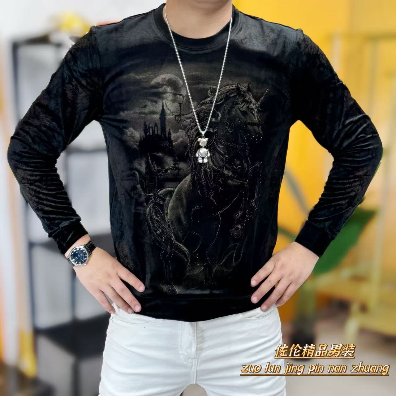 2147秋季新款时尚男士丝绒修身长袖体恤