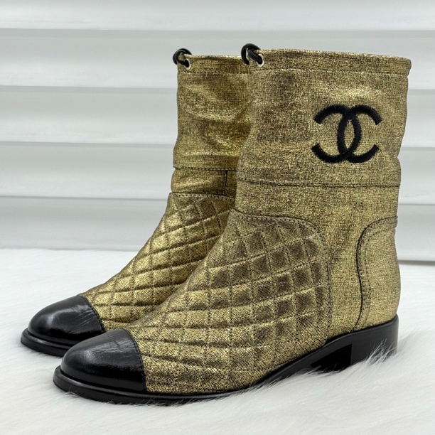 99新 Chanel/香奈儿 菱格纹金箔抽绳中筒靴 38码 公价1.4w t034