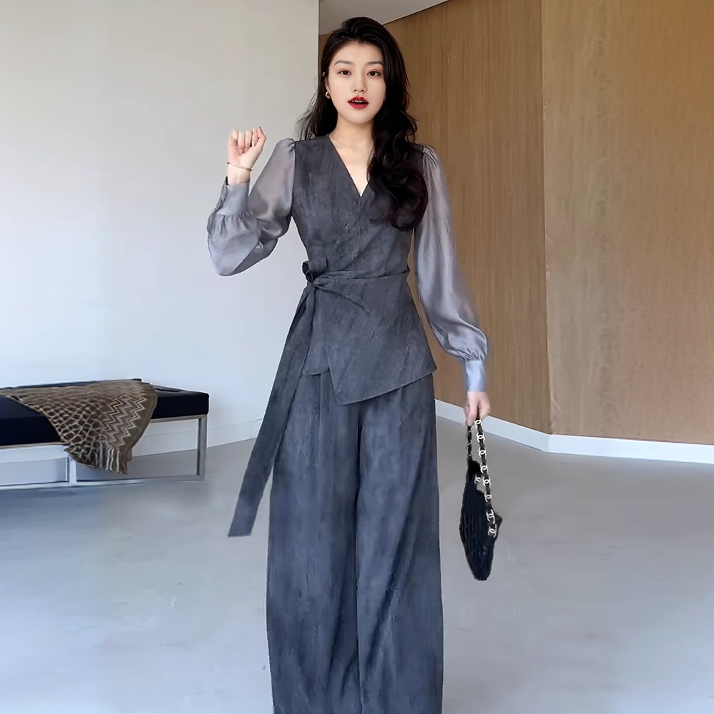 大码女装绑带收腰上衣阔腿裤两件套秋季新款胖mm显瘦搭配一整套装