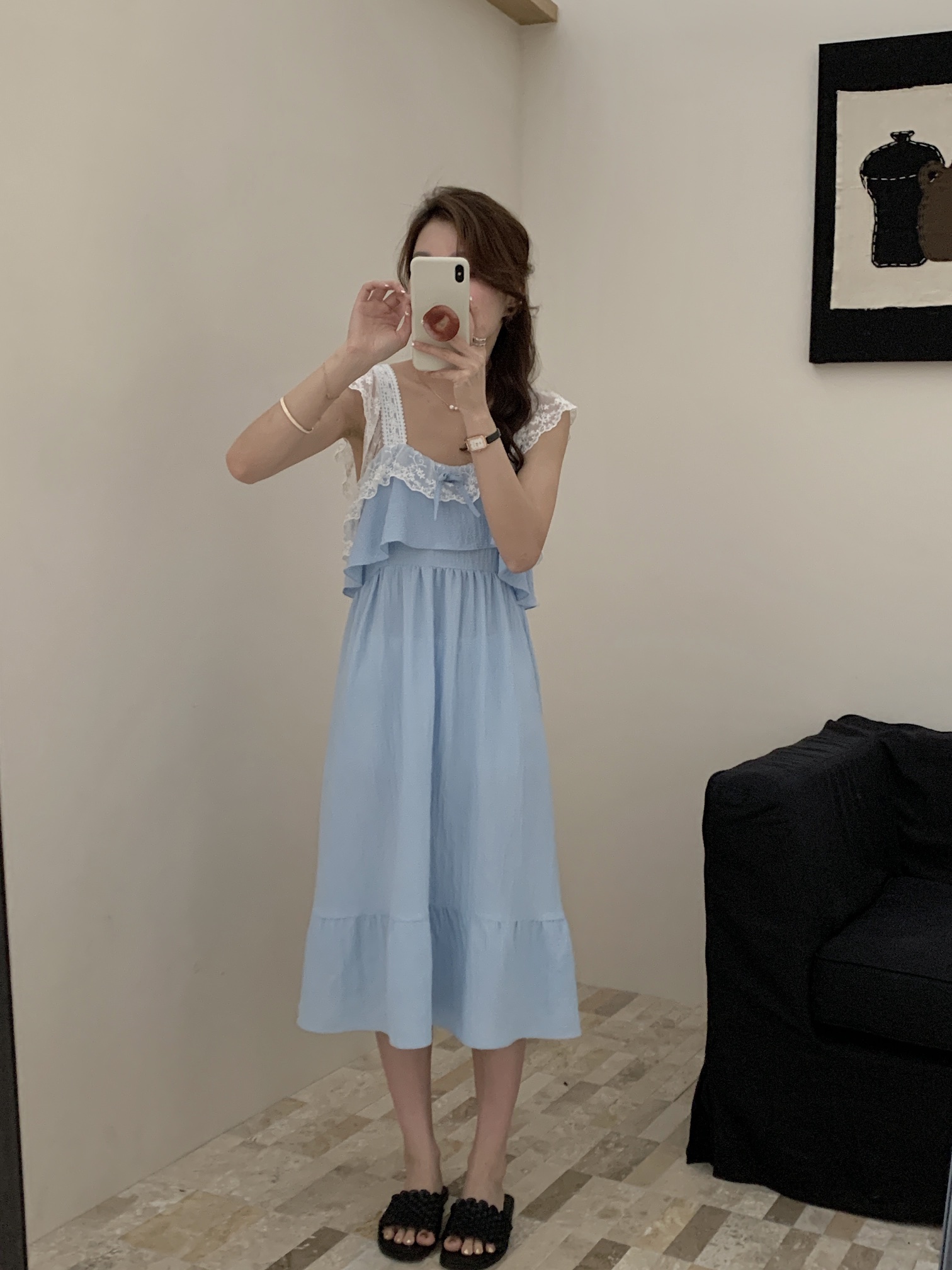 韩国蕾丝泡泡纱清晰甜美吊带裙外穿家居服