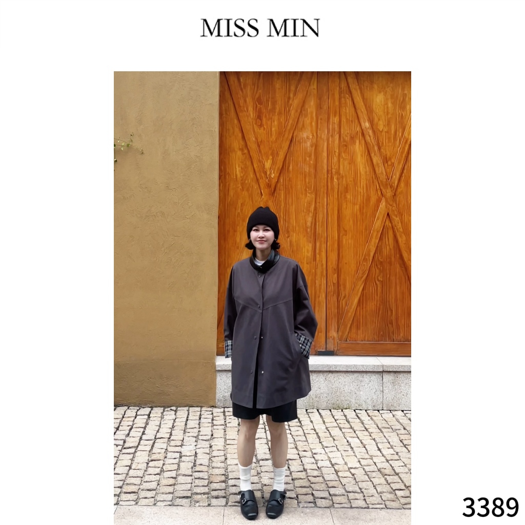 MISS MIN【双面格】时尚设计小众撞色拼皮领两面穿显瘦大气外套3389
