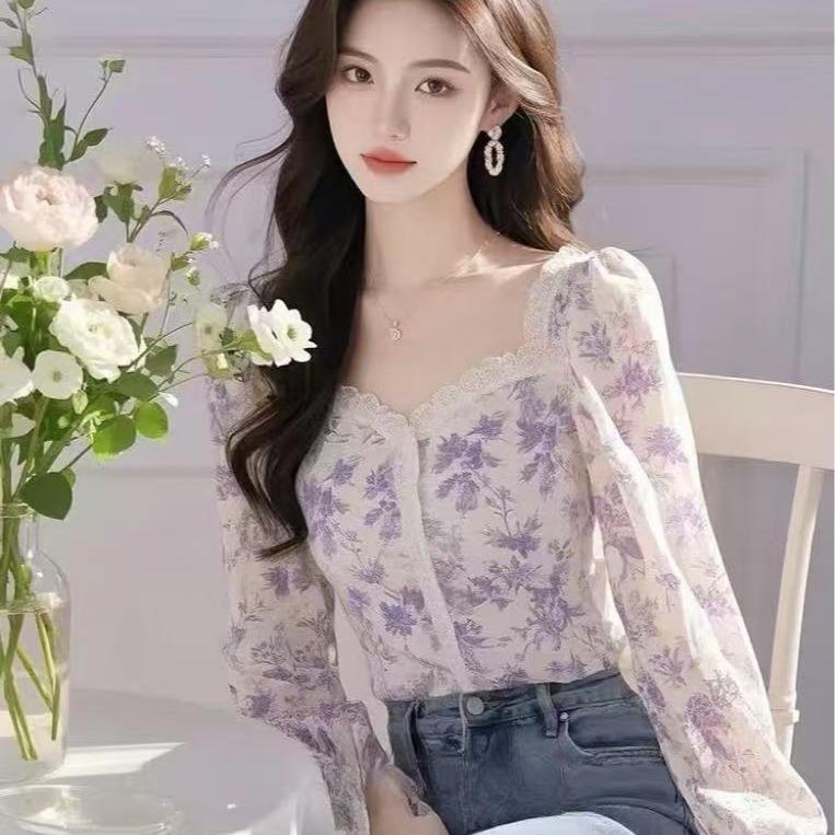 紫色高级感碎花设计感长袖衬衫女装春季御姐蕾丝甜美减龄好看上衣