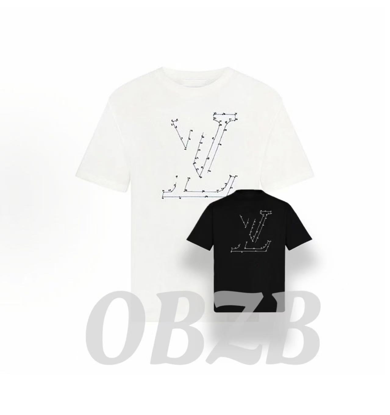 OBZB【L男女同款短袖】针脚印花纯色字母图案刺绣圆领短袖T恤1051