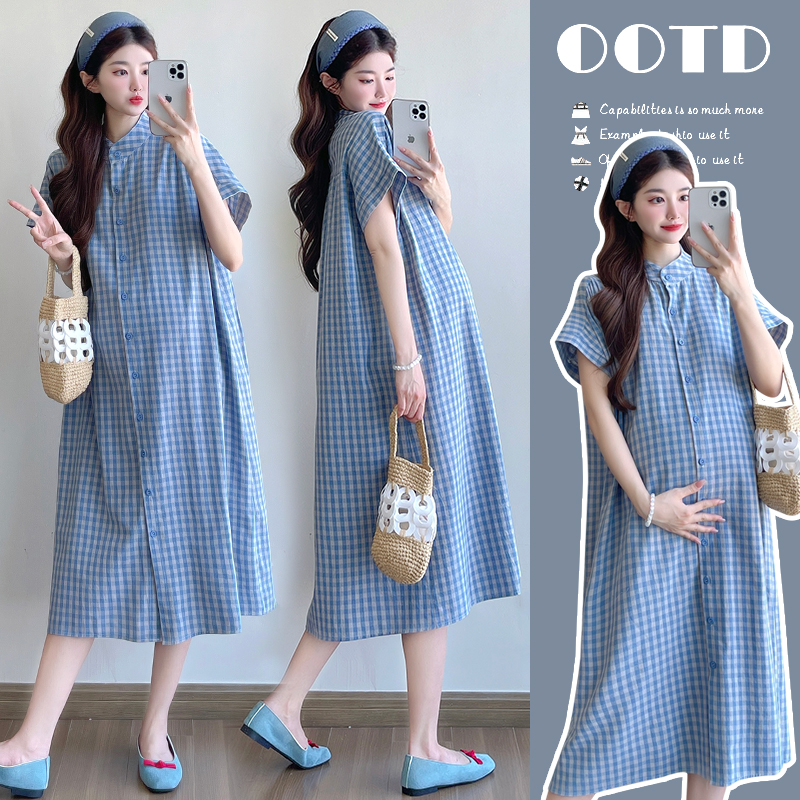 【安安】~2025夏季新款小清新蓝白格宽松孕妇连衣裙