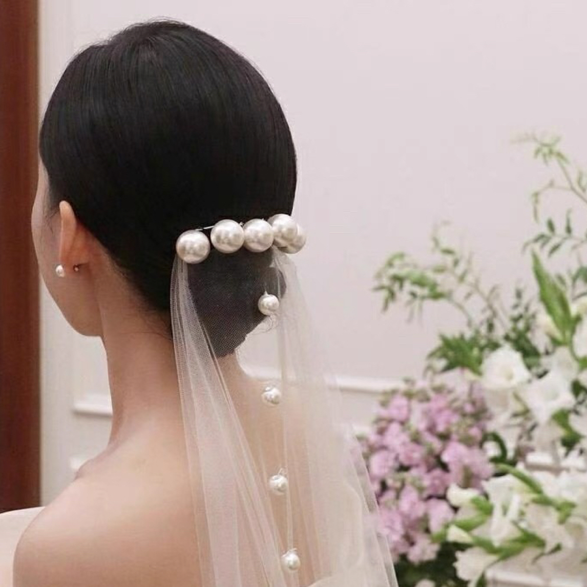 1251法式大珍珠新娘头纱领证拍照长款素纱复古港风软纱高端