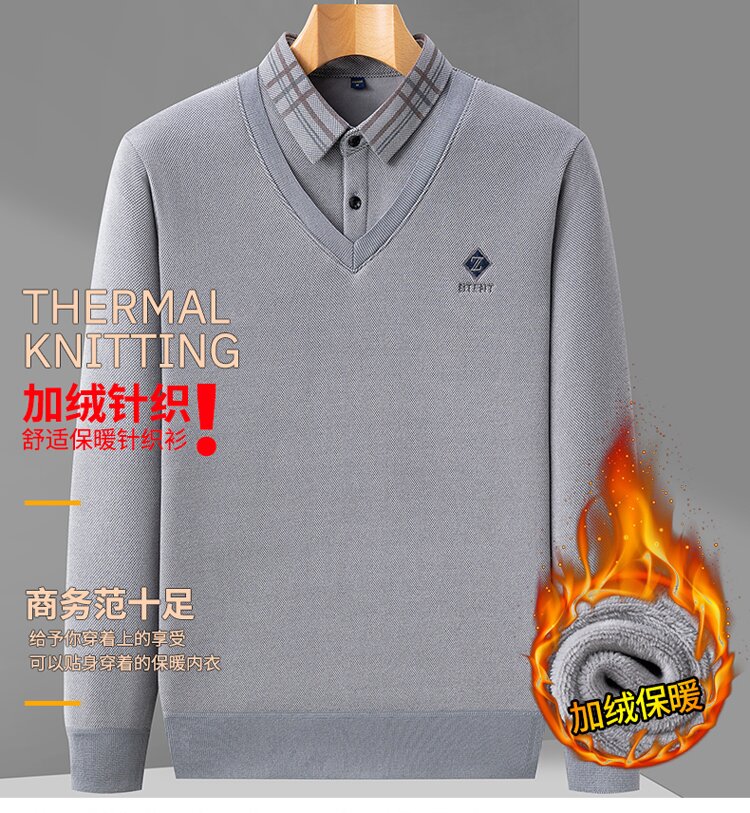 培蒙超柔加绒加厚中年保暖翻领假两件绵羊毛桑蚕丝新款男士毛衣