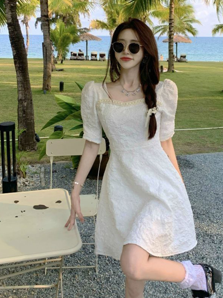 法式夏季短袖清新碎花显高连衣裙温柔风旗袍方领气质