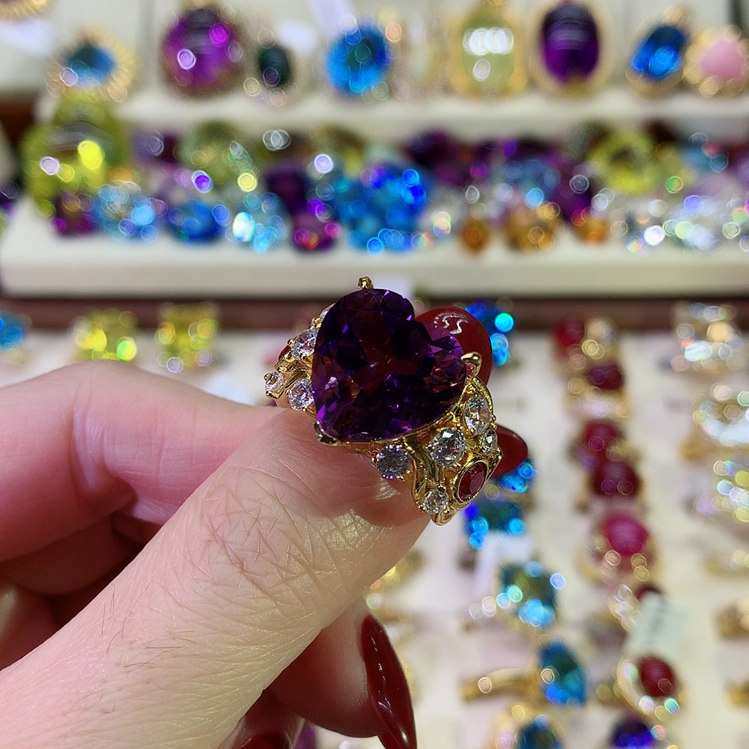 紫晶戒指银S925镀金镶嵌