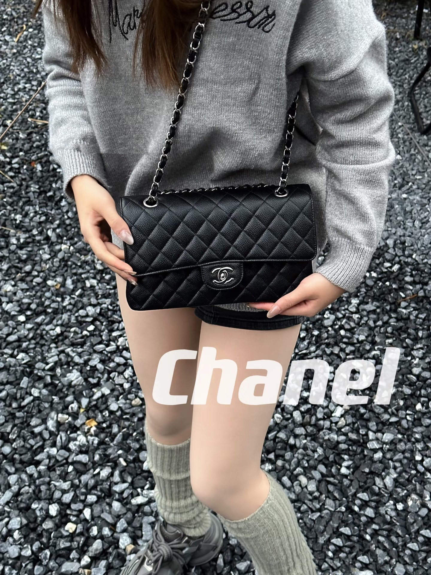 95新 Chanel/香奈儿 多宝二奢/97070/黑银牛中号CF 23开无卡