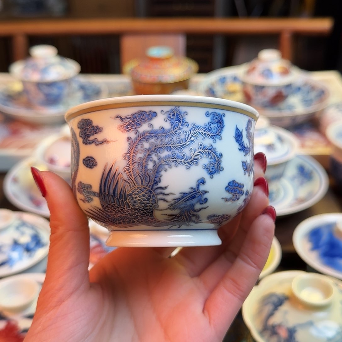 杯描金银点工青花五凤炉式杯纯手绘