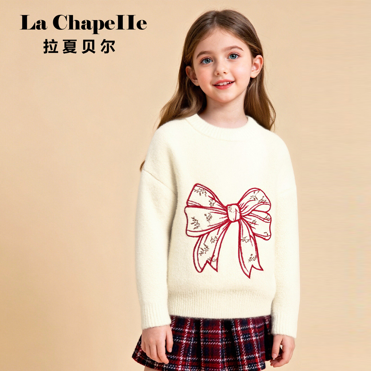 La Chapelle/拉夏贝尔儿童动漫线衣蝴蝶结针织衫女童过年衣服