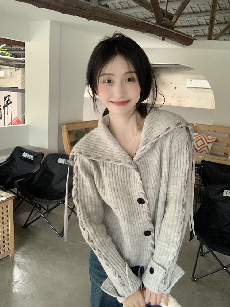 重工时髦设计感飘带大翻领毛衣开衫早秋新小众高级感气质针织外套