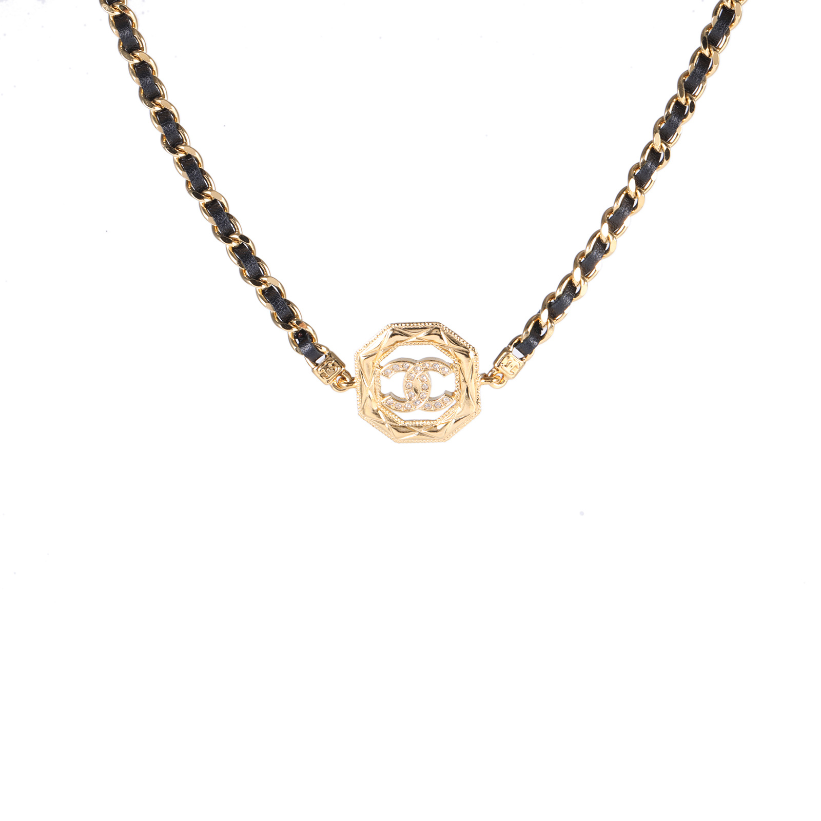 99新 Chanel/香奈儿 汤/P205944596/手工坊菱形镂空双C皮穿链项链