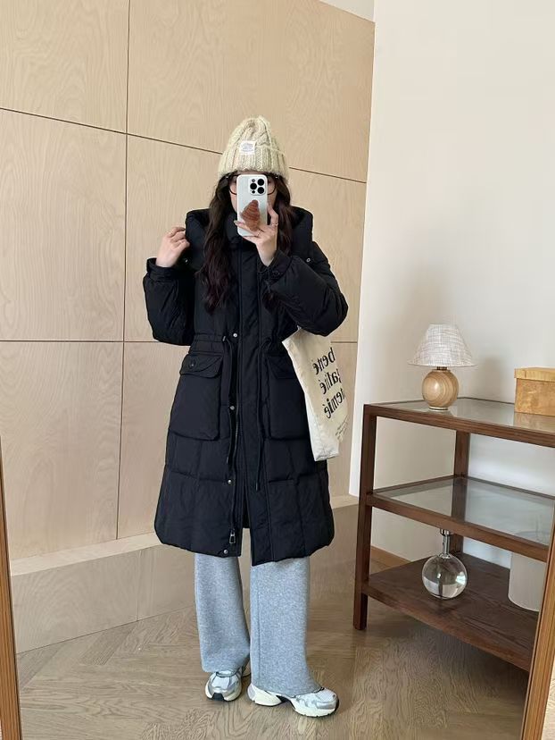 2024冬季新款中长款抽绳韩版宽松加厚连帽外套