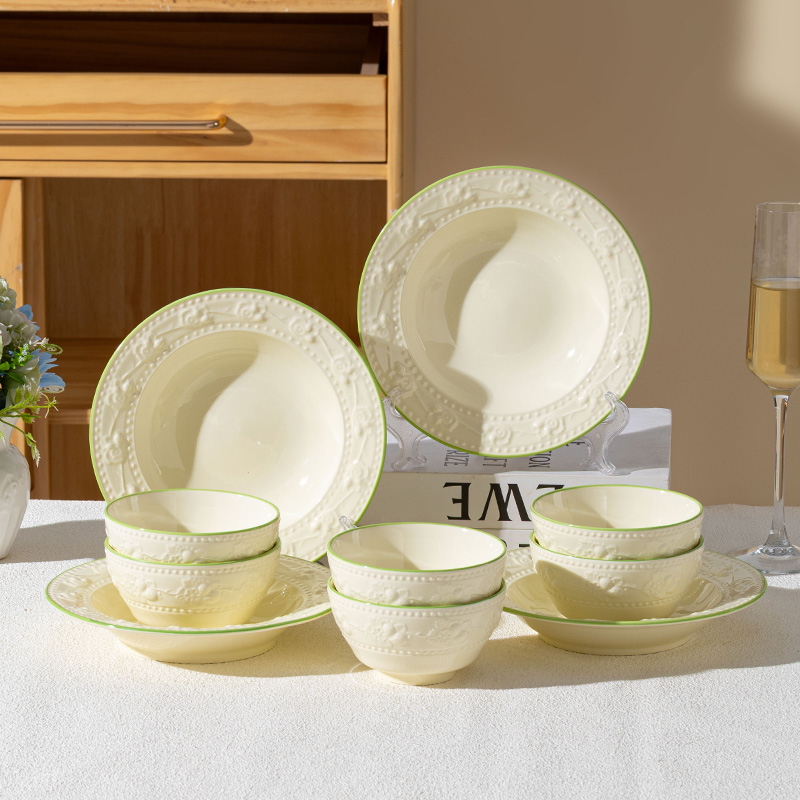 【句途】浮雕暖阳10件碗盘餐具套装饭碗炒菜盘釉下彩奶油风餐具