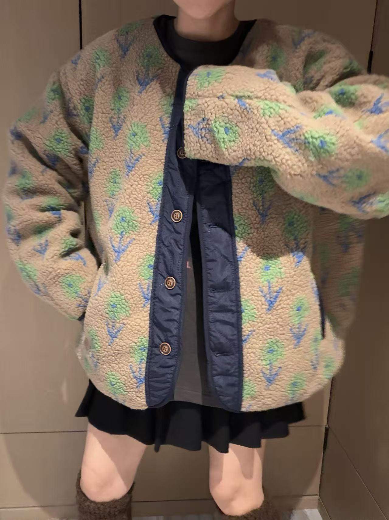 韩版冬季新款小花毛绒外套女上衣