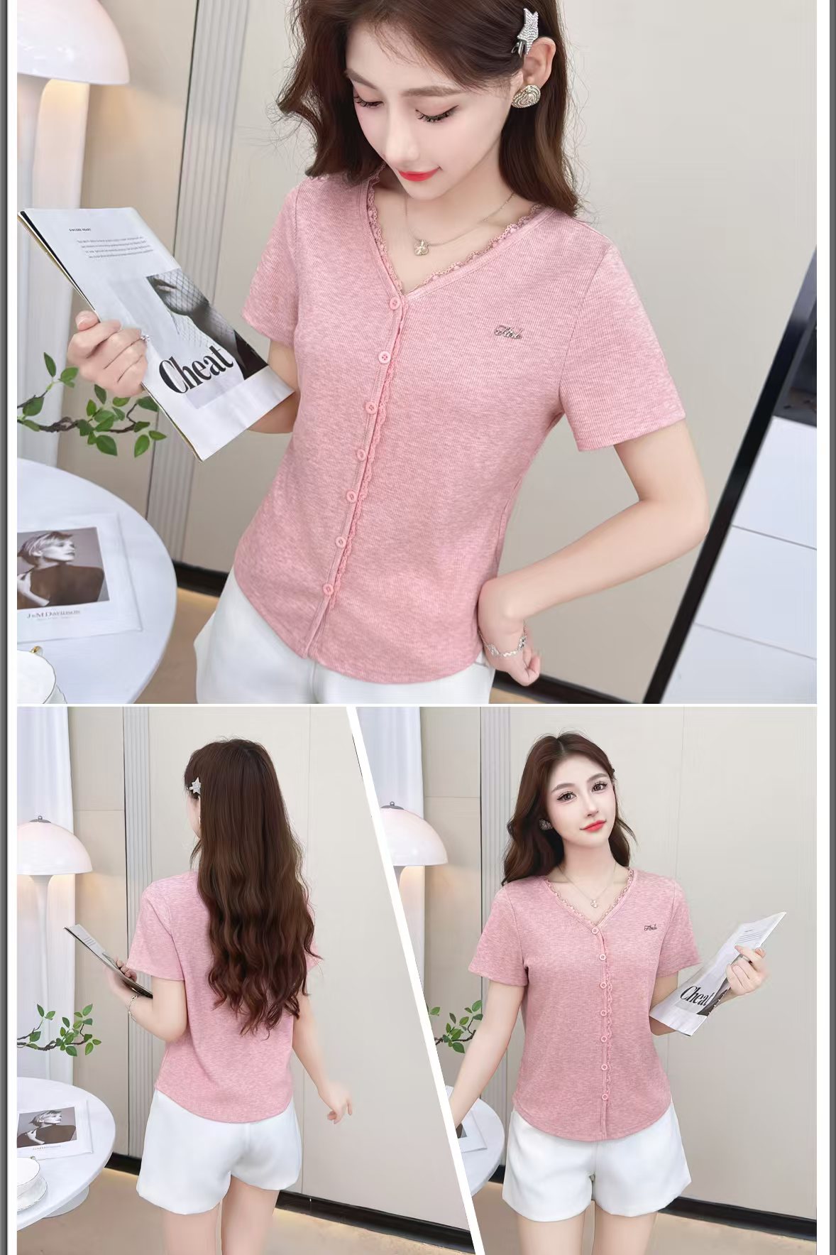 8809短袖时尚T恤2025年夏季新款蕾丝拼接修身显瘦上衣