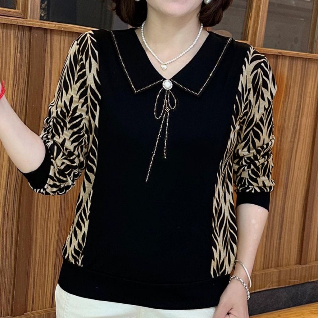 秋季时尚翻领拼接印花宽松显瘦中年妈妈装长袖上衣