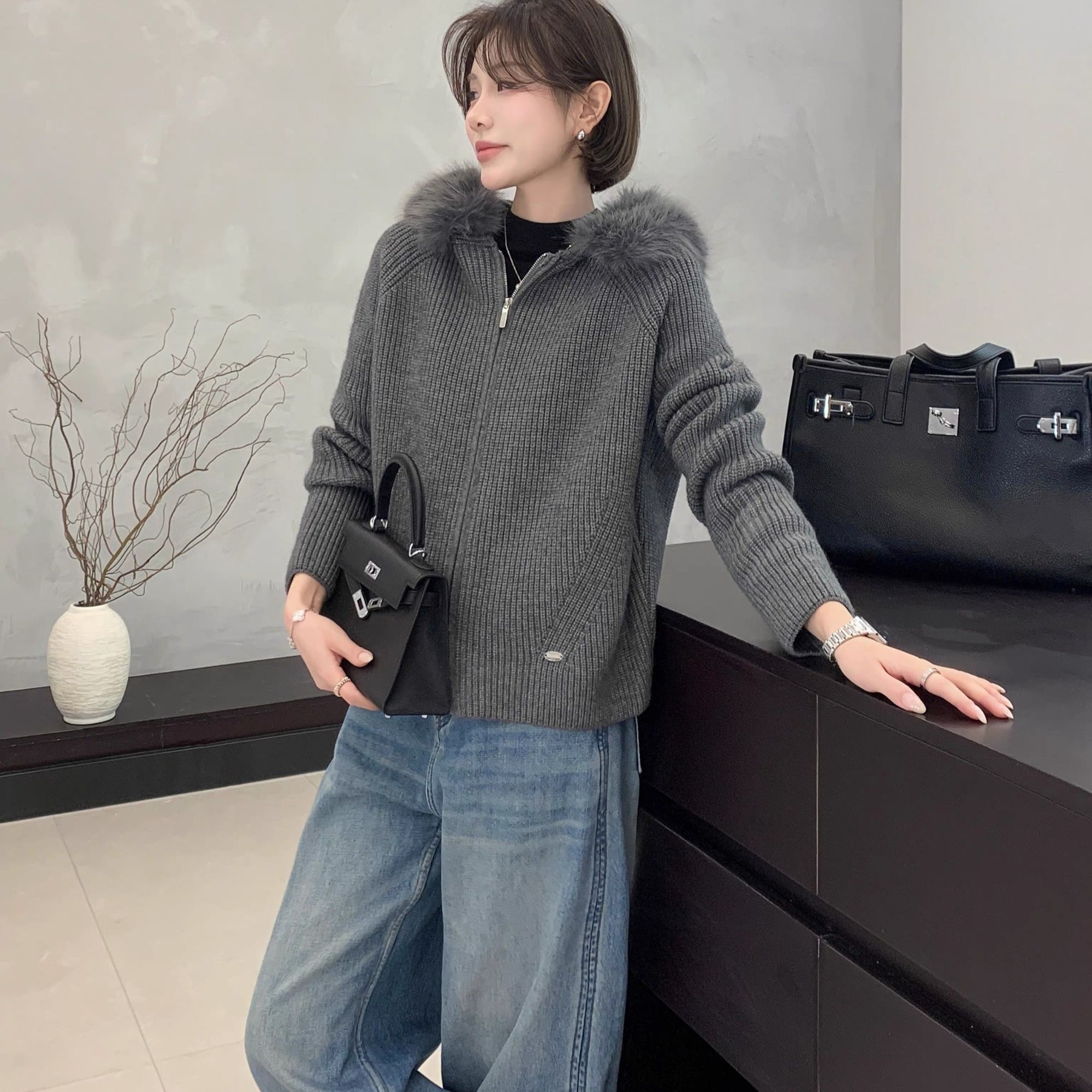 [ W i F i ]8026慵懒风毛衣外套宽松高级感毛领针织开衫（衣长60）