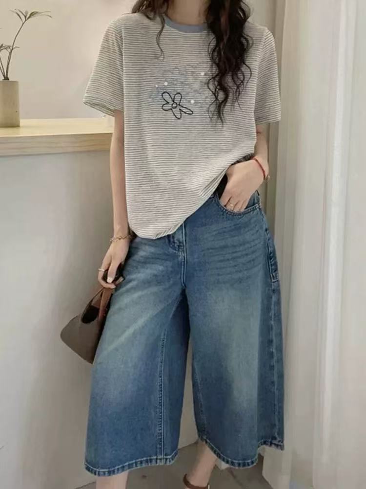 常规款条纹短袖少女风刺绣慵懒风针织短袖H7414