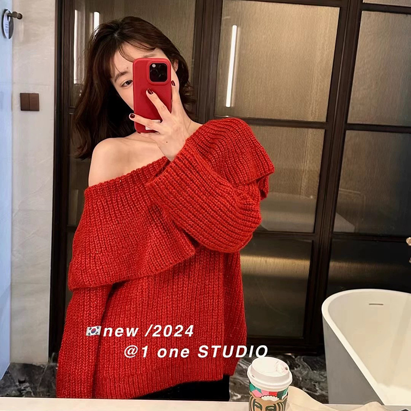 FRVXO纯欲慵懒一字领绑带露背套头针织衫秋冬韩版中长款新年战袍